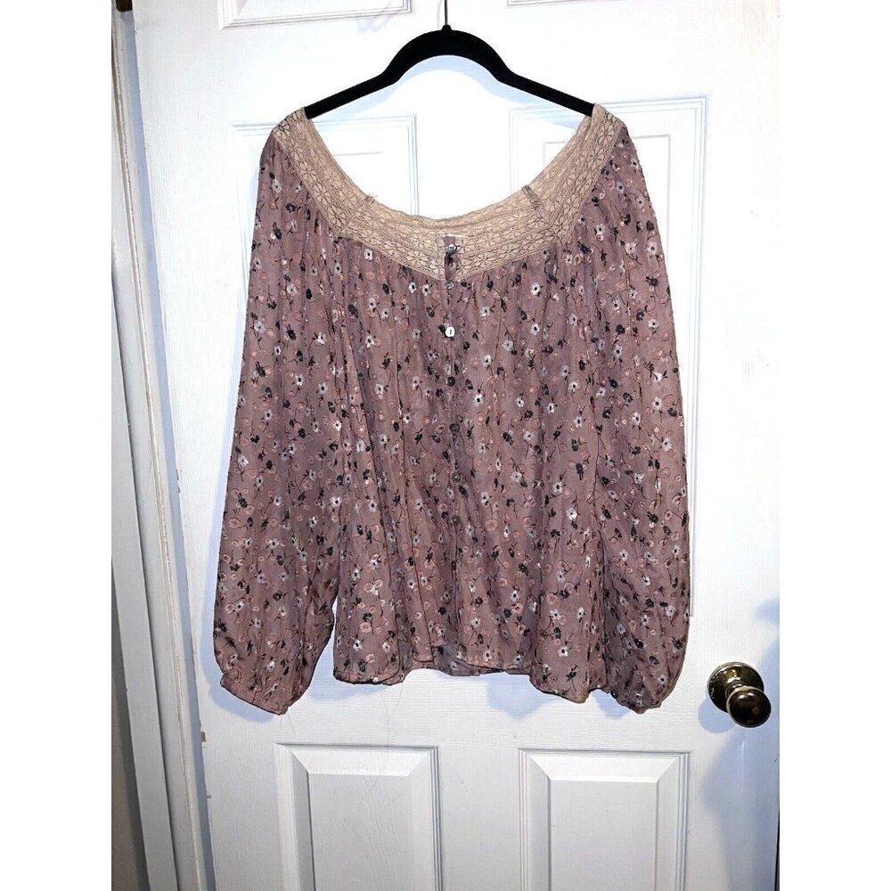 EASEL Boho Semi Sheer Button Boho Peasant Lagenlook Floral Flowy Top Sz S